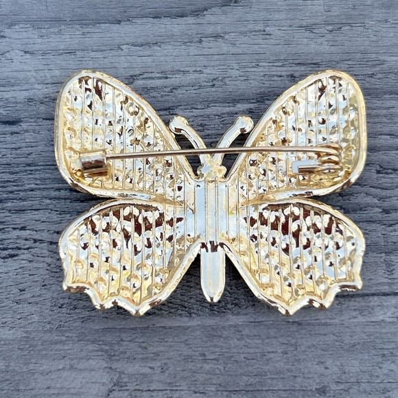 Butterfly Brooch Pin Pave Goldtone Metal Multicolored Crystals Modern - Picture 7 of 11
